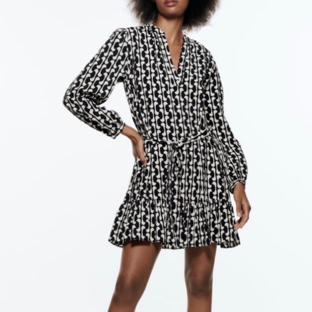 Zara The Paula Black & Ivory Geometric Print Mini Dress Size Small